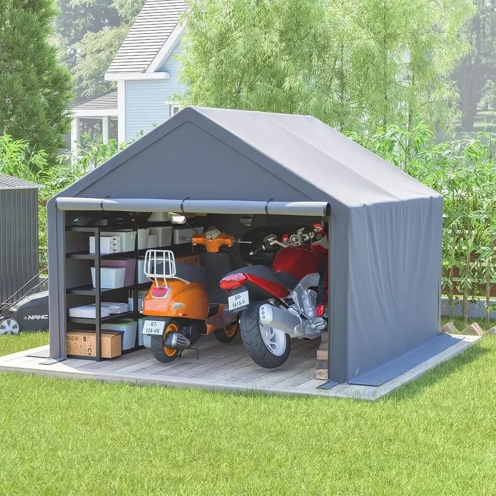 10x10 Outdoor Storage Tent with Roll-Up Door, Portable Shelter for Vehicles, Lawn Mower, Bike, Motorcycle - Gray