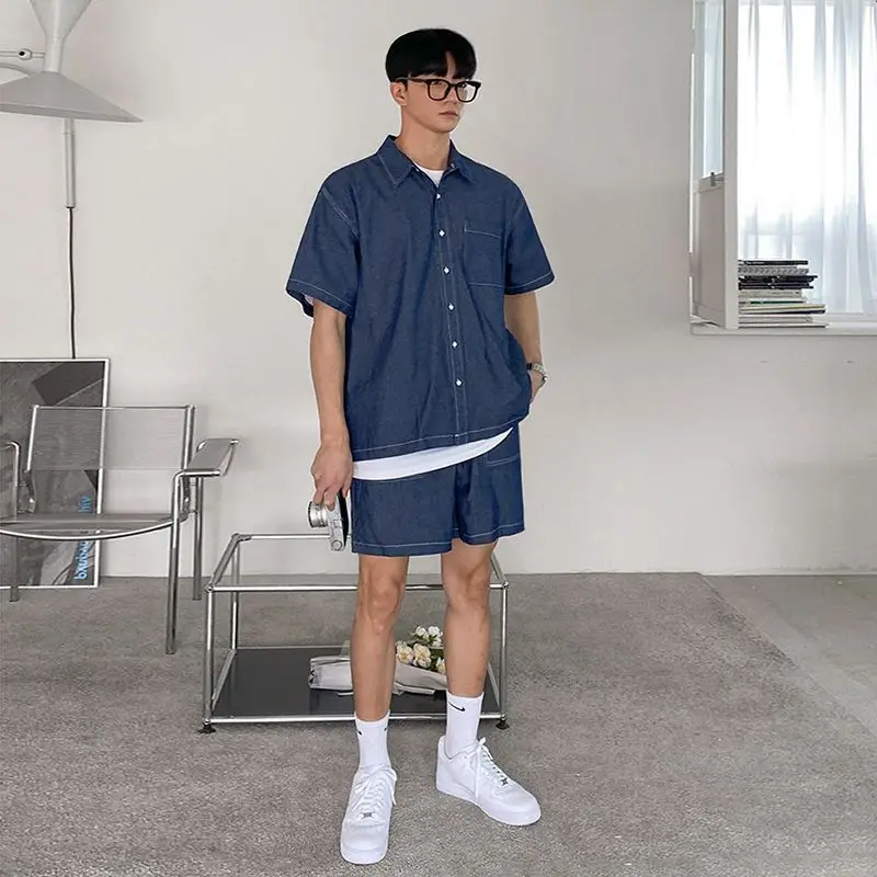 

MYQ workwear short-sleeved denim shirt jacket men's summer Korean version loose retro workwear denim shorts suit