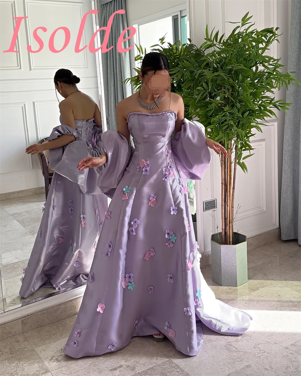 Customized Sparkly Purple Satin Evening Dresses Classic Strapless Celebrity Gowns Fashion Flowers Special Occasion Gowns