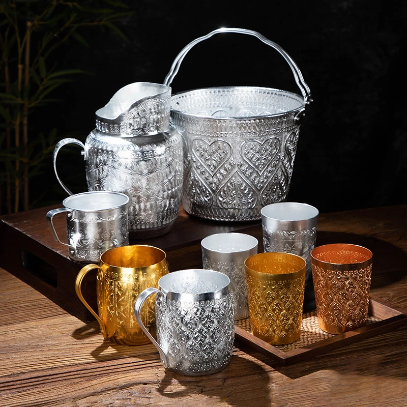 

Thailand Tin Cup Retro Dai Silver Stainless Steel Beer Cups Thai Restaurant Hotel Clubhouse Tableware Bar Drinking Dessert Bowl