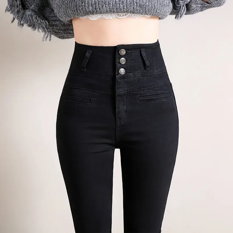 High Waist Velvet Thick Jeans Female Winter 2024 Skinny Stretch Warm Jeans Women Pants Black Denim Trousers 5XL X379