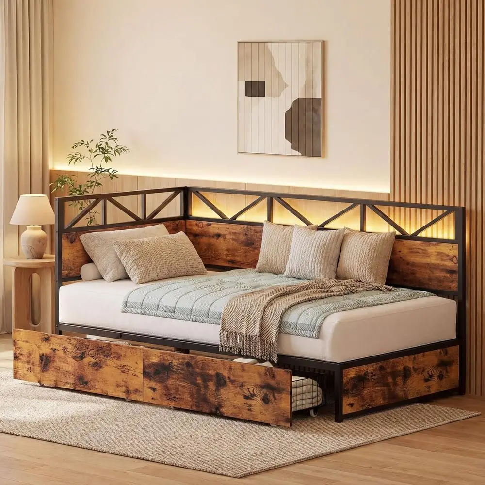 Industrial Brown Twin Daybed with Storage Drawers, Charging Station, Bed Board, and LED Lights