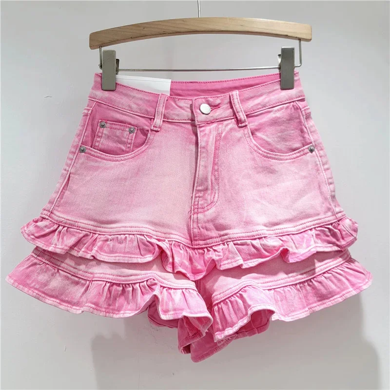 Denim Y2K Shorts Pants KoreaSweet Ruffled Women Summer Super Pretty Stretchy Versatile High Waist Slim Loose Wide Leg Pants New