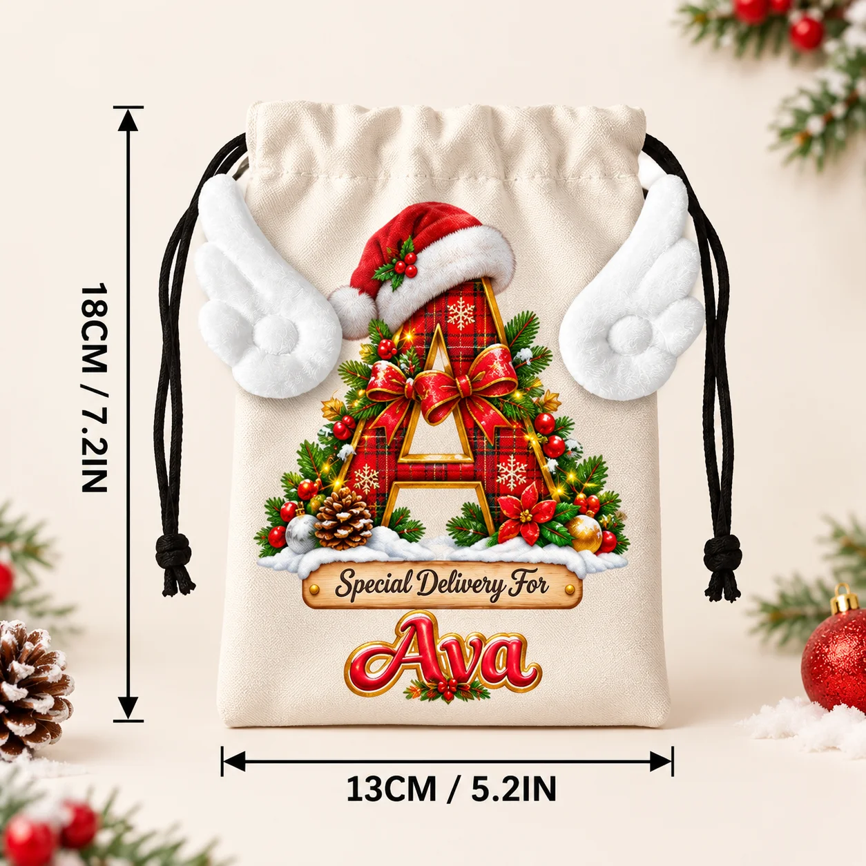 Custom Christmas Drawstring Bag with Angel Wings, Personalized Name Letter Mini Gift Pouch 18x13cm Xmas Candy Present Sack