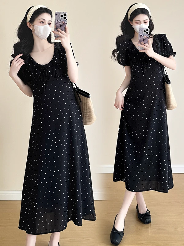 maternity-summer-dress-bubble-sleeve-polka-dot-chiffon-casual-fashion-slimming-short-sleeve-long-dress-for-pregnant-women