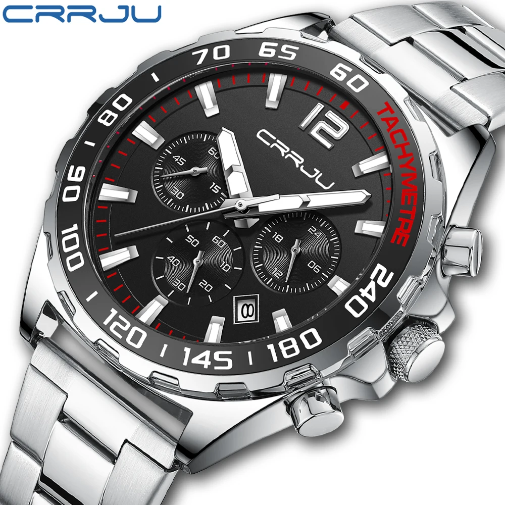 CRRJU Men Watch Sporty Chronograph Luminous Dial with date Stainless Steel Clock  Relogio Masculino