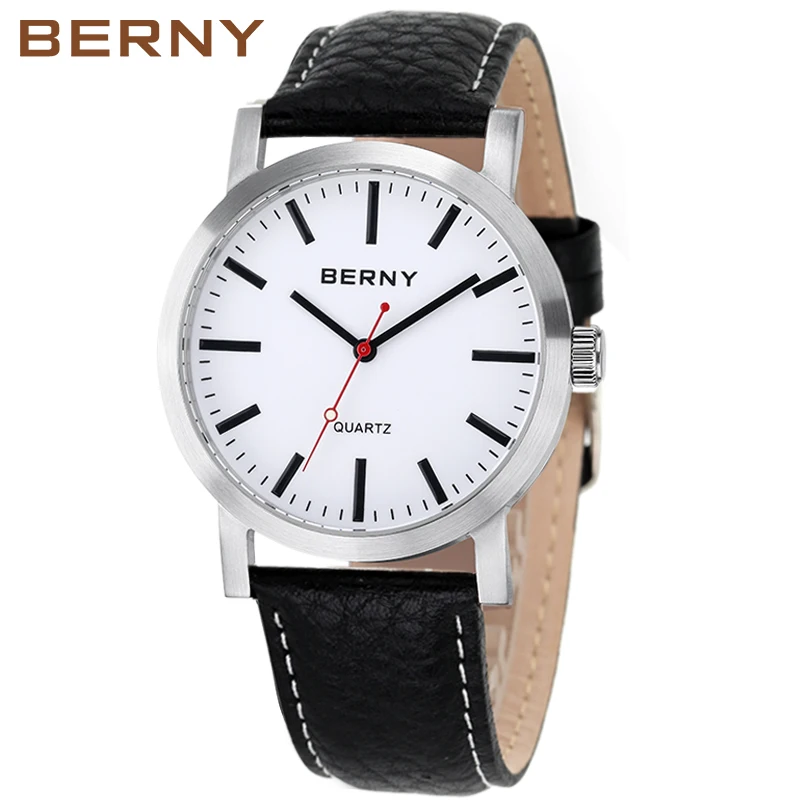 BERNY Men Railway Watch Quartz Clock Male Leather Strap Fashion Railroad Wristwatch Waterproof mens watches top brand luxury