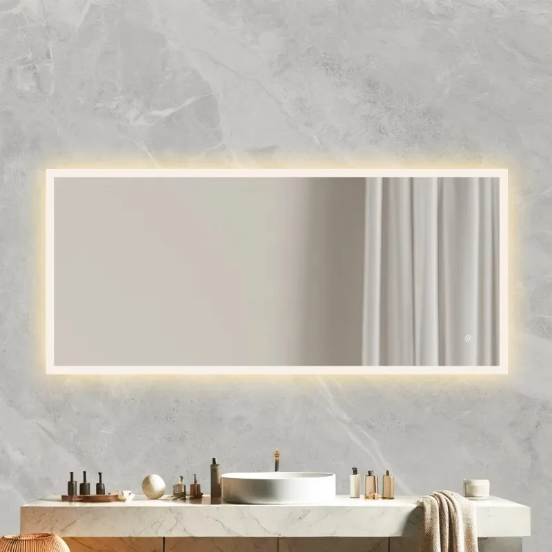 

[Hot Sale] Memory Function Fog Large Lighted Mirror Three Colors Touch Screen Bathroom Led Wall Bath Vanity Mirror With Lights
