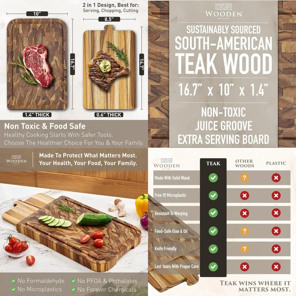 

Large Kitchen Teak Cutting Board - 2-in-1 Serving Tray and Charcuterie Board with Juice Groove, Food-Safe, Gift-Ready, 16.75x10x