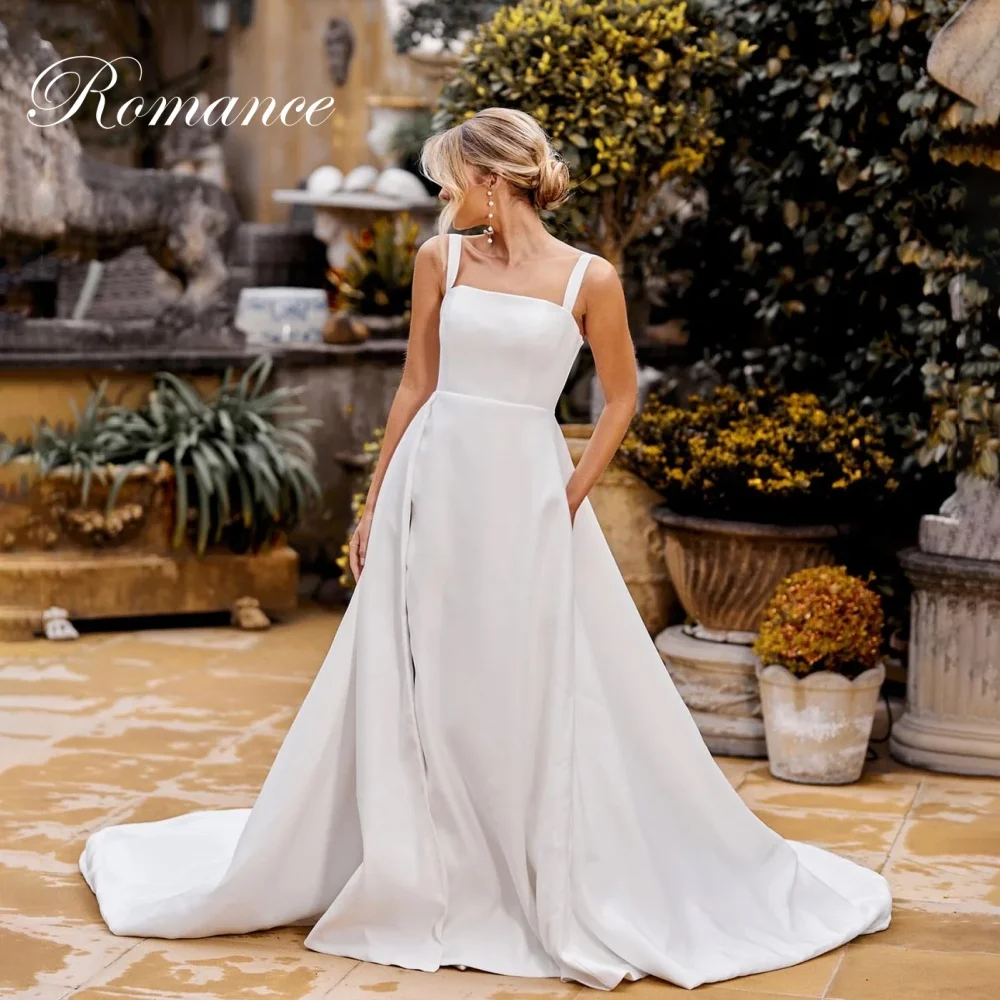 

Simple Square Collar Sleeveless A-Line Wedding Dress Women Spaghetti Straps High Side Slit Backless Vestidos De Novia Customized