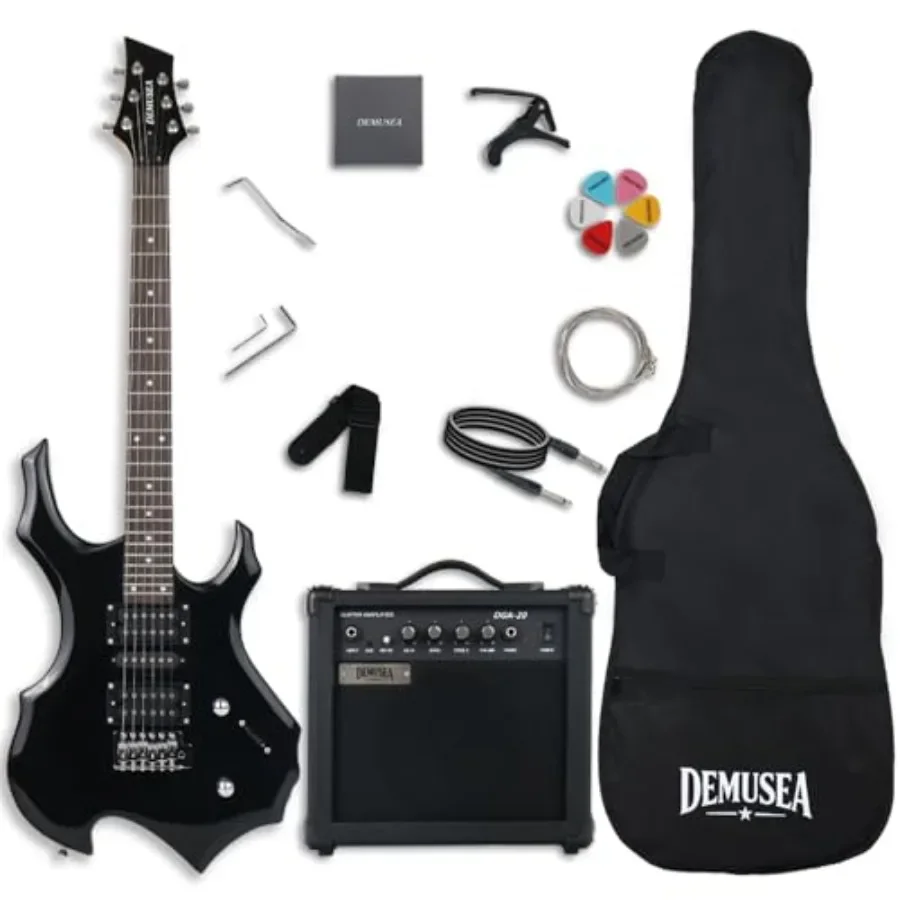 Electric fire-shaped guitar kit for beginners, solid body black finish, 39 inch with 20W amp, 24 fret, 25.5 inch scale, dot inl
