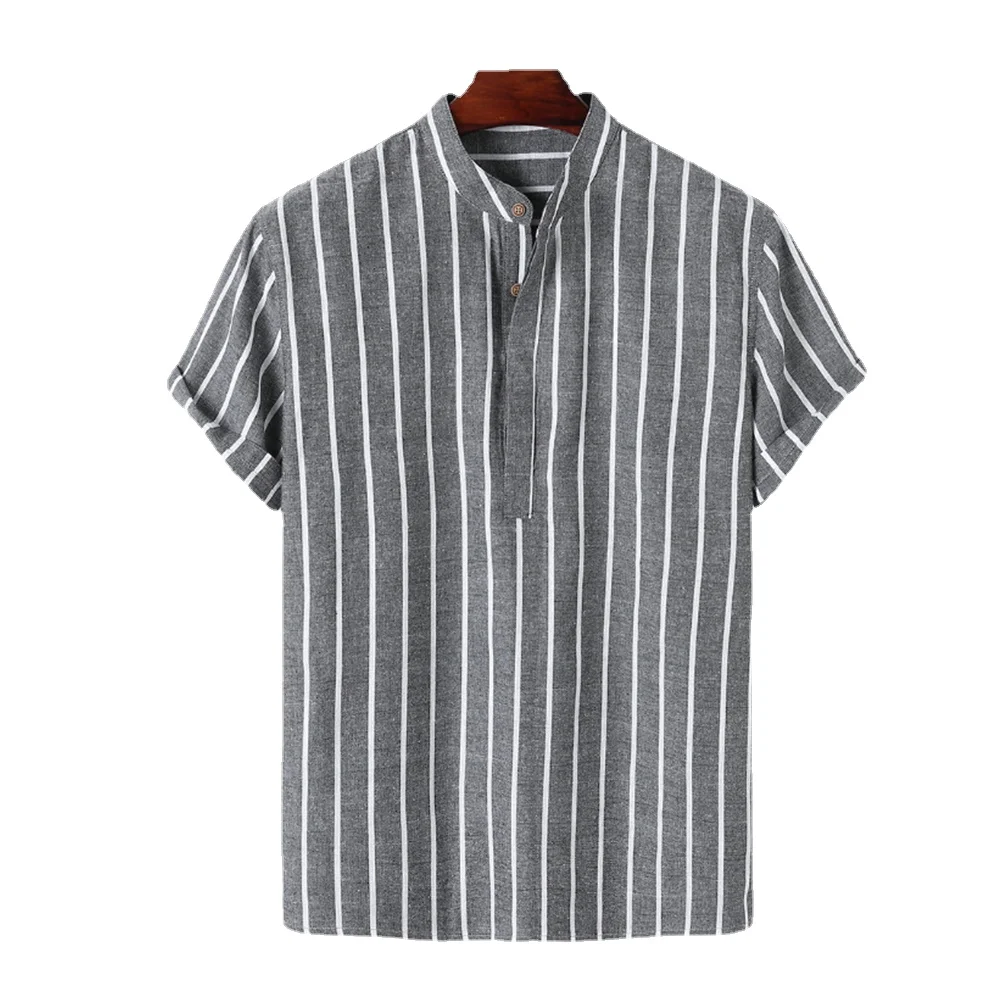 Summer Spring 2023 Men Casual Striped Blouse Shirts Male Turn Down Collar Short Sleeve Button Loose Sand Beach Tops M-3XL