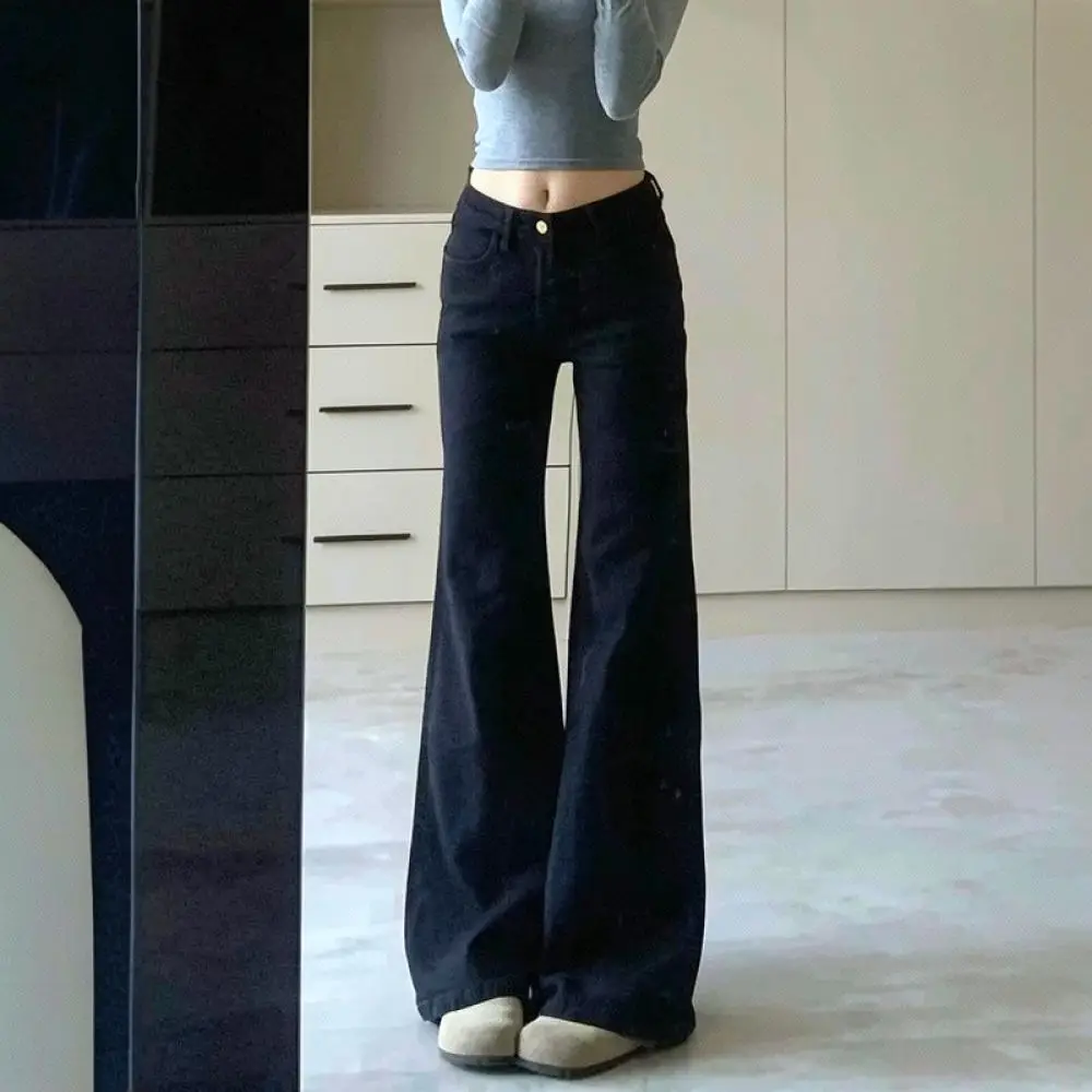 Womens Black High Waist Flared Jeans Slimming Wide Leg Denim Trousers Summer Casual Retro Style Fashion Streetwear Pants