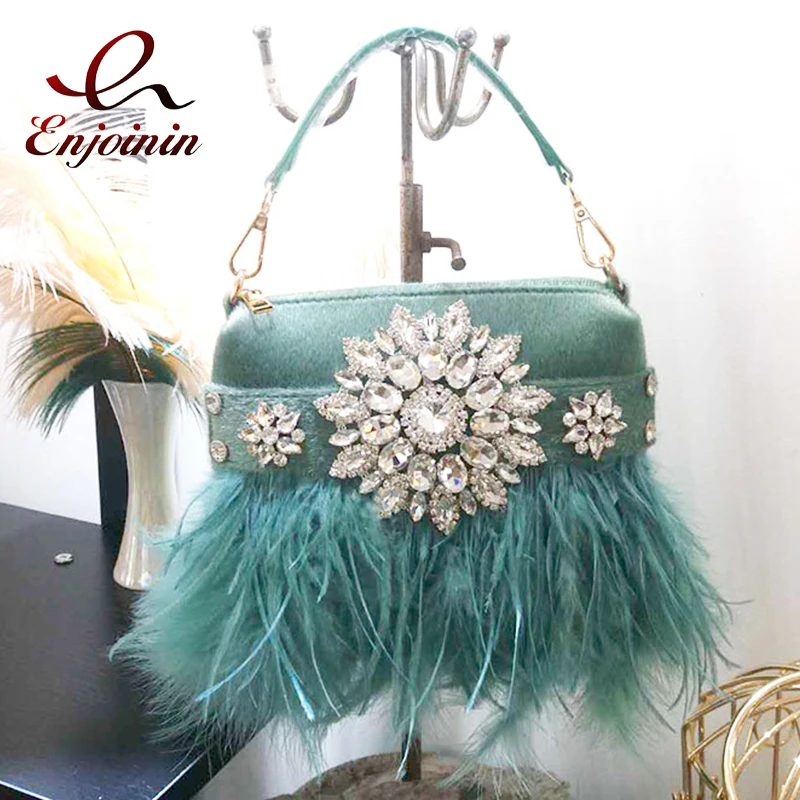 Luxury Diamond Feather Party Clutch Bag Tassel Purses and Handbags for Women Chain Shoulder Bag Designer Crossbody Wedding 2022