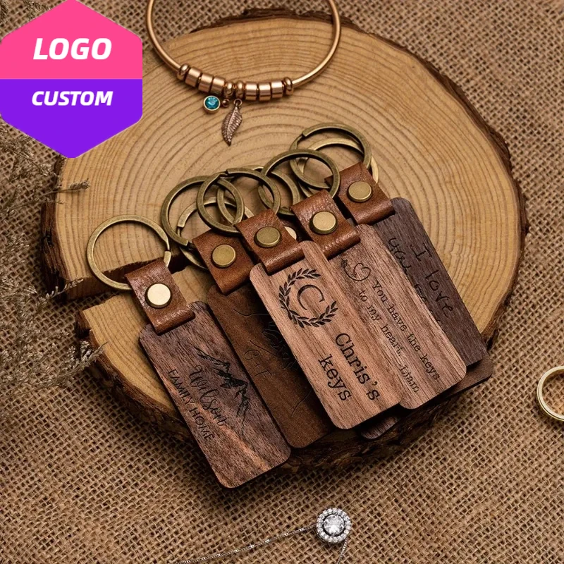 

Customized PU Leather Wooden Keychain Blank DIY Wood Keyring Square Engraved Car Key Chains Retro for Friends Lovers Family Gift