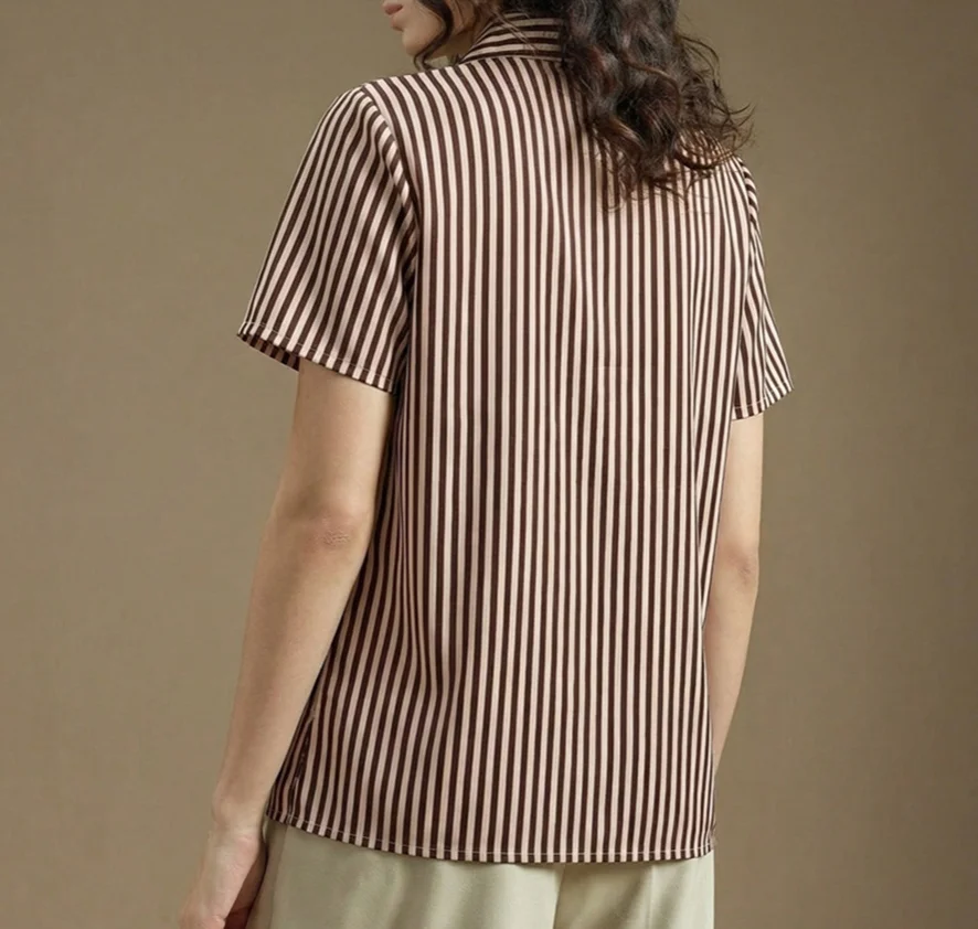 Women's T-Shirt 2026 Spring Summer New Turn-Down Collar Short Sleeve Single-Breasted Fashion Casual Striped Shirt Top