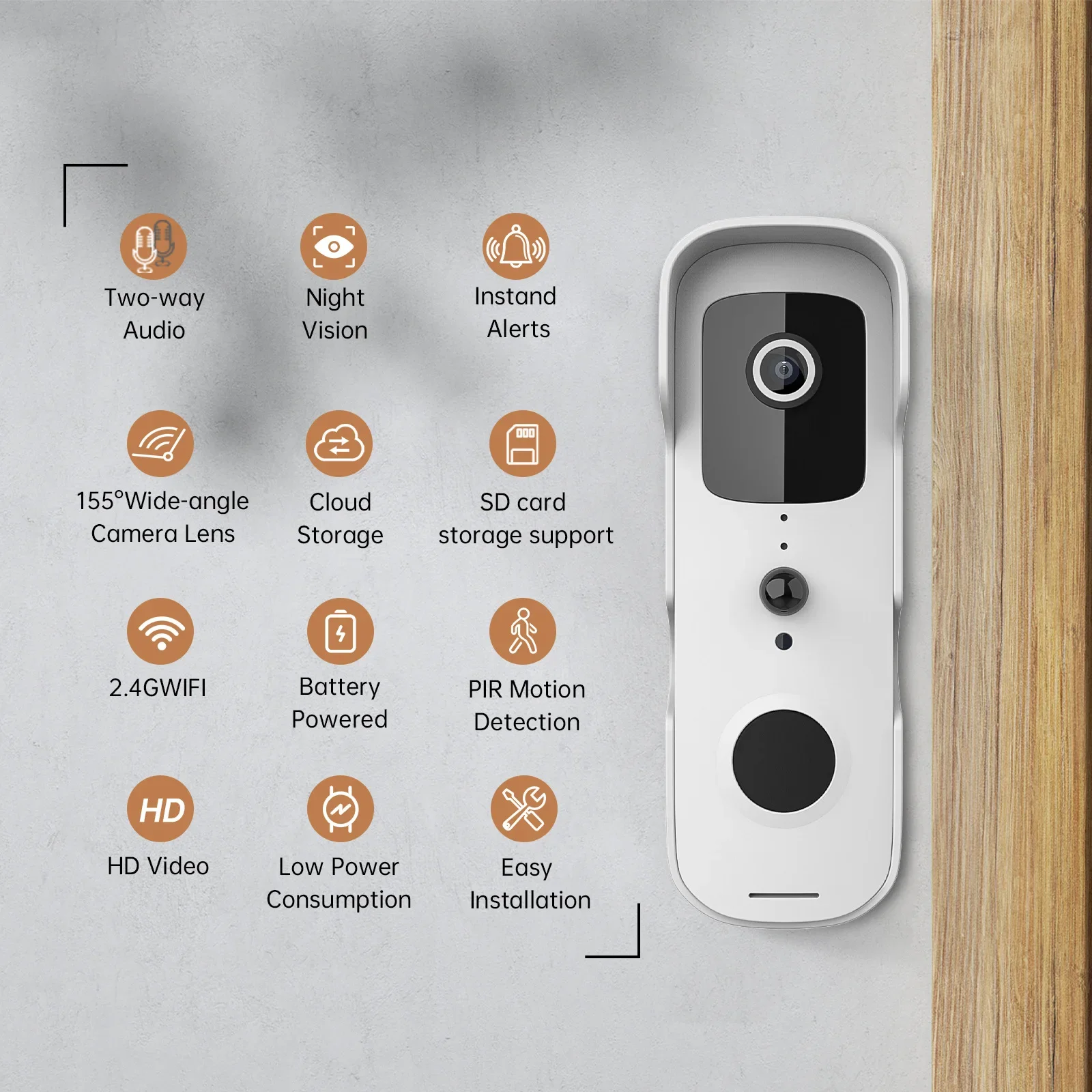 Sonnette vidéo intelligente étanche avec caméra, sonnette domestique sans fil, surveillance vocale bidirectionnelle, Wi-Fi, 1080P