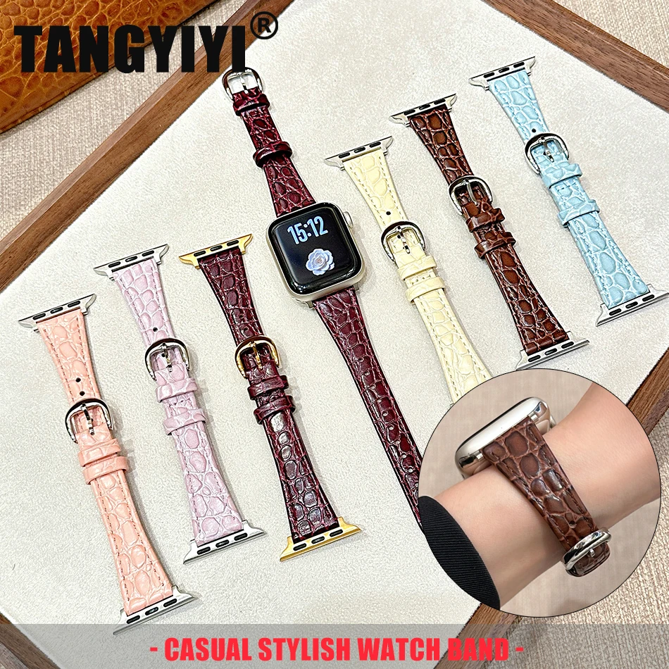 

Ремешок из натуральной кожи крокодила для Apple Watch Band S11/10/9/8/7/SE/6/Ultra IWatch 49/46/45/44/42/41/40/38 мм, тонкий браслет