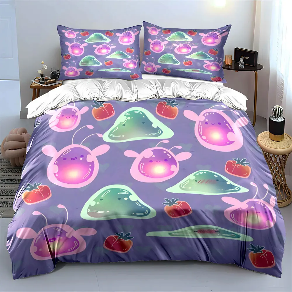 Cute Slimes and Strawberry Patterns Print Bedding Set 1 Duvet Cover 2 Pillowcases for Adult and Children Luxury Gift Full Size