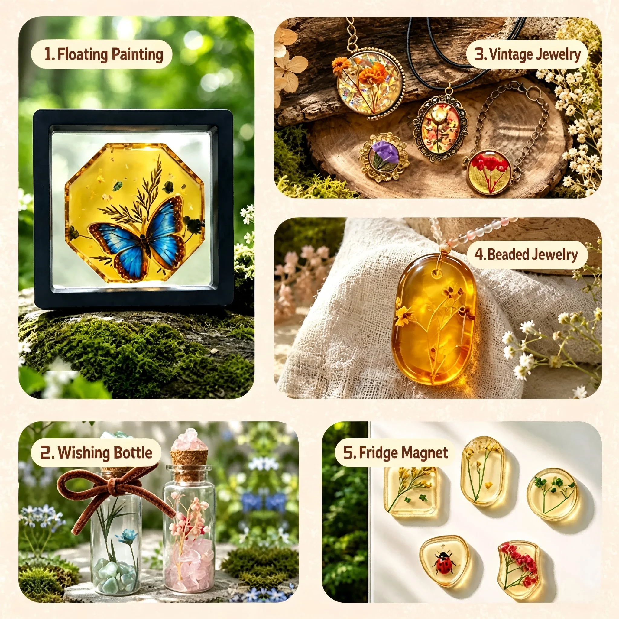 5 in 1 DIY Natural Amber Handmade Kit Dried Flower Insect Butterfly Specimen Make Your Own Jewelry Fridge Magnet Wishing Bottle