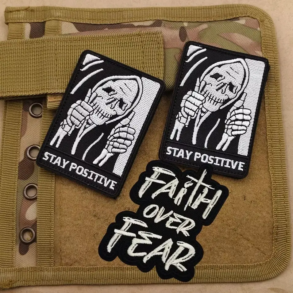 Funny Skeleton Stay Positive tactics Patch Gothic Embroidery patch Hook and Loop Morale badge, for Jacket Backpack