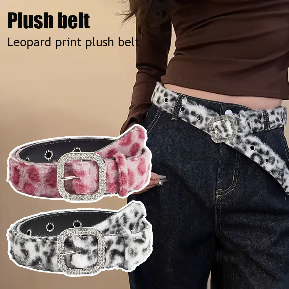 

Пояс из искусственного меха с леопардовым принтом, плюшевый, с пряжкой со стразами, для украшения джинсов, пушистый меховой пояс, пояс в стиле хип-хоп