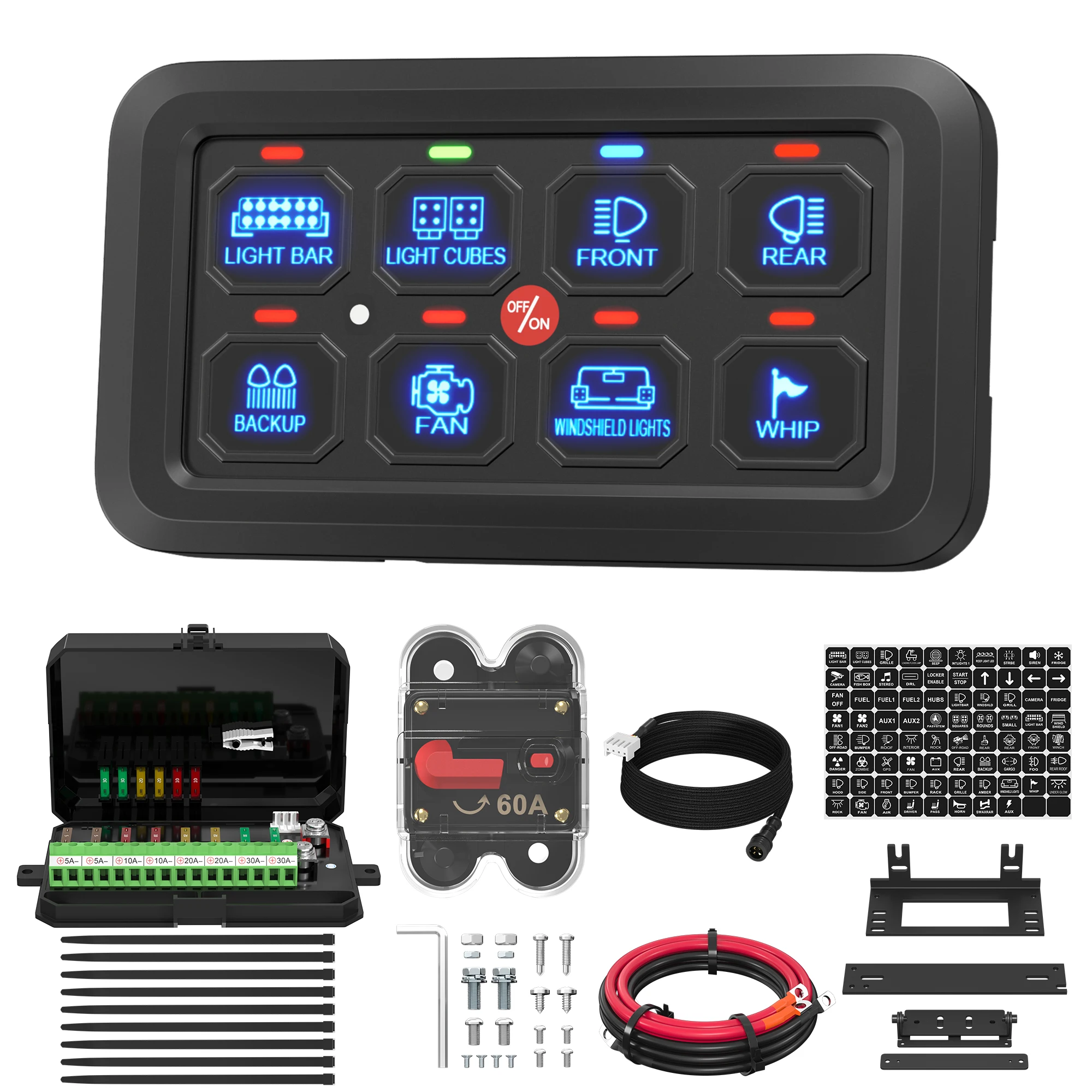 8Gang Switch Panel ACC Blue-tooth 12V 24V Switch Panel with LED Waterproof Relay Box &Wiring Harness Marine/Car/RV Smart Control