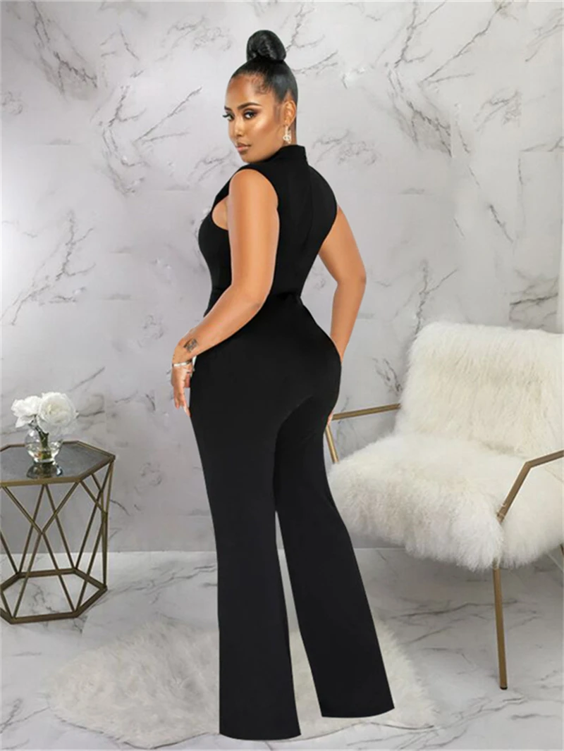 Jumpsuit Tanpa Lengan Pakaian Jalanan Pakaian Musim Panas Wanita 2025 Dekorasi Rantai Celana Kaki Lurus Romper Panjang Pakaian Terusan Satu Potong