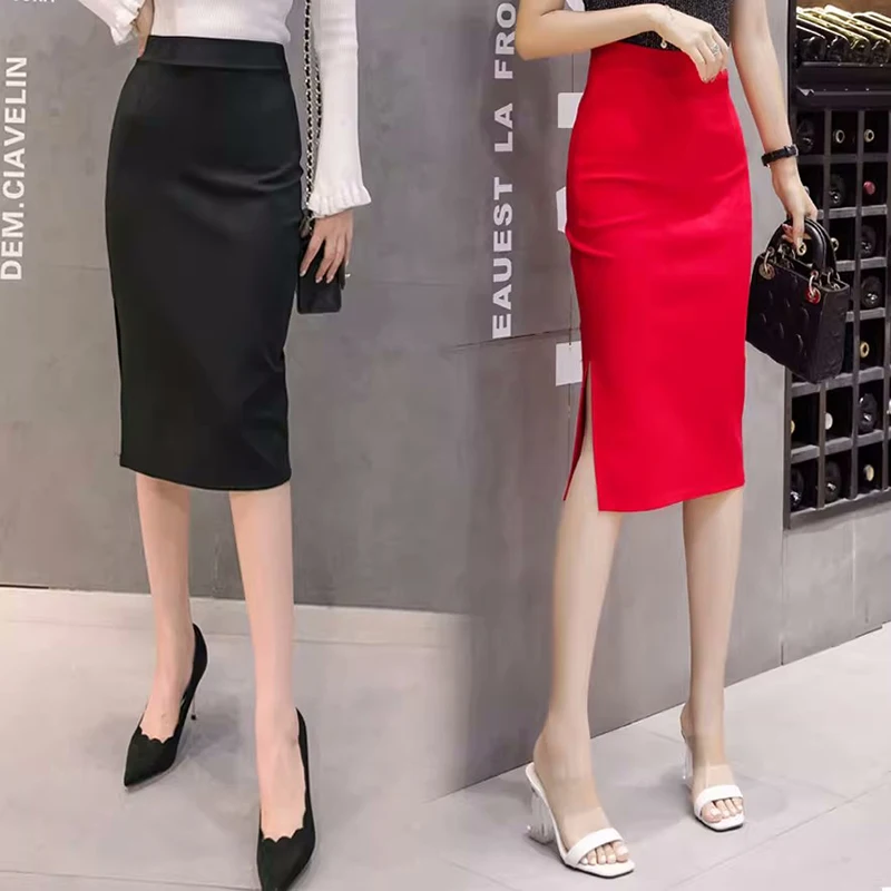 

Black Pencil High Waist Bodycon Skirt Fall Side Split Stretchy Skinny OL Office Work Female Nylon Cotton MIDI Skirts Women 2023