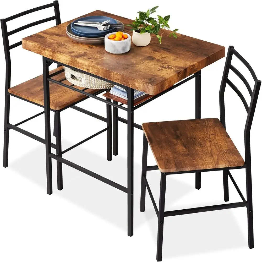 Space-Saving 3-Piece Dining Set with Built-in Rack, Medium Brown/Black for Small Spaces