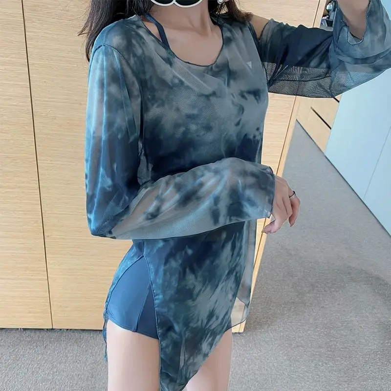 2023 New Temperament Women's Clothing Fashion Tie Dye Printed Loose Conservative Sports Style Long Sleeve Smock Ruffles Bikini