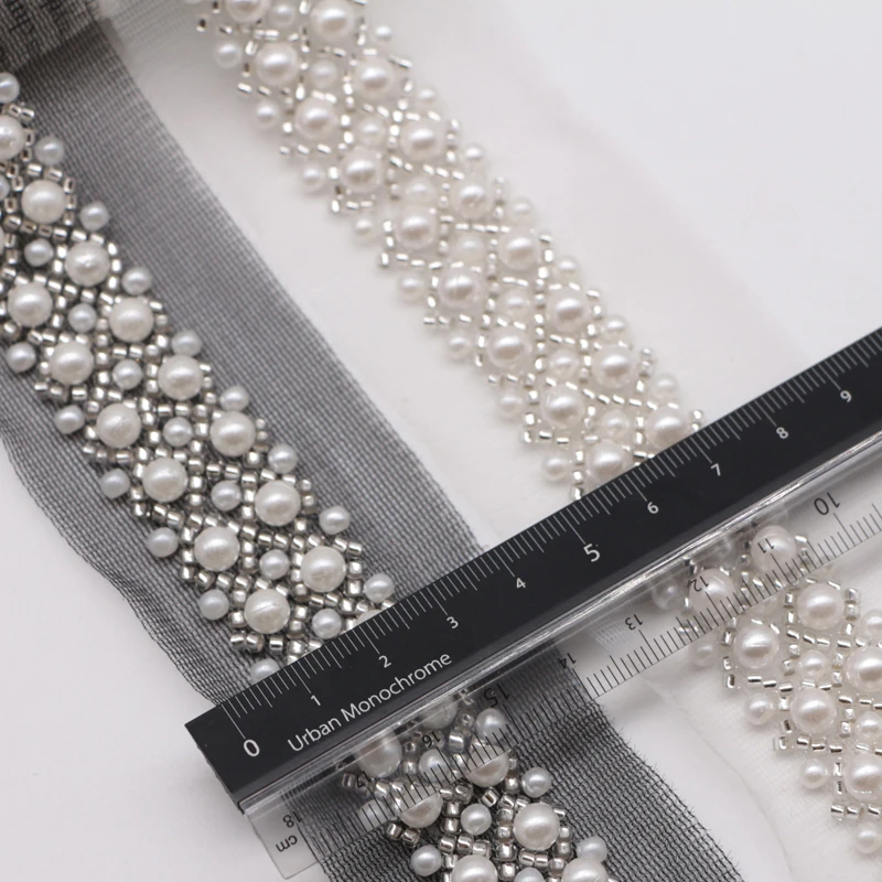 1Yard White Black Pearl Lace Beaded Trim 4.5CM Wide Embroidery on Mesh Pearl Ribbon DIY Crafts Bel Decoration Sewing Clothes