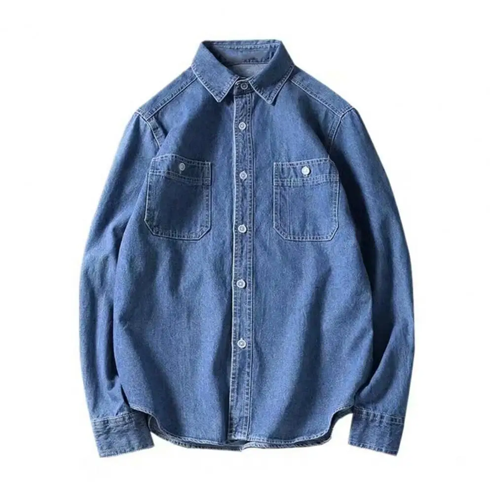 Trendy Male Shirt Jacket Skin-touch Solid Color Handsome Turndown Collar Buttons Shirt Jacket Men Denim Shirt Streetwear