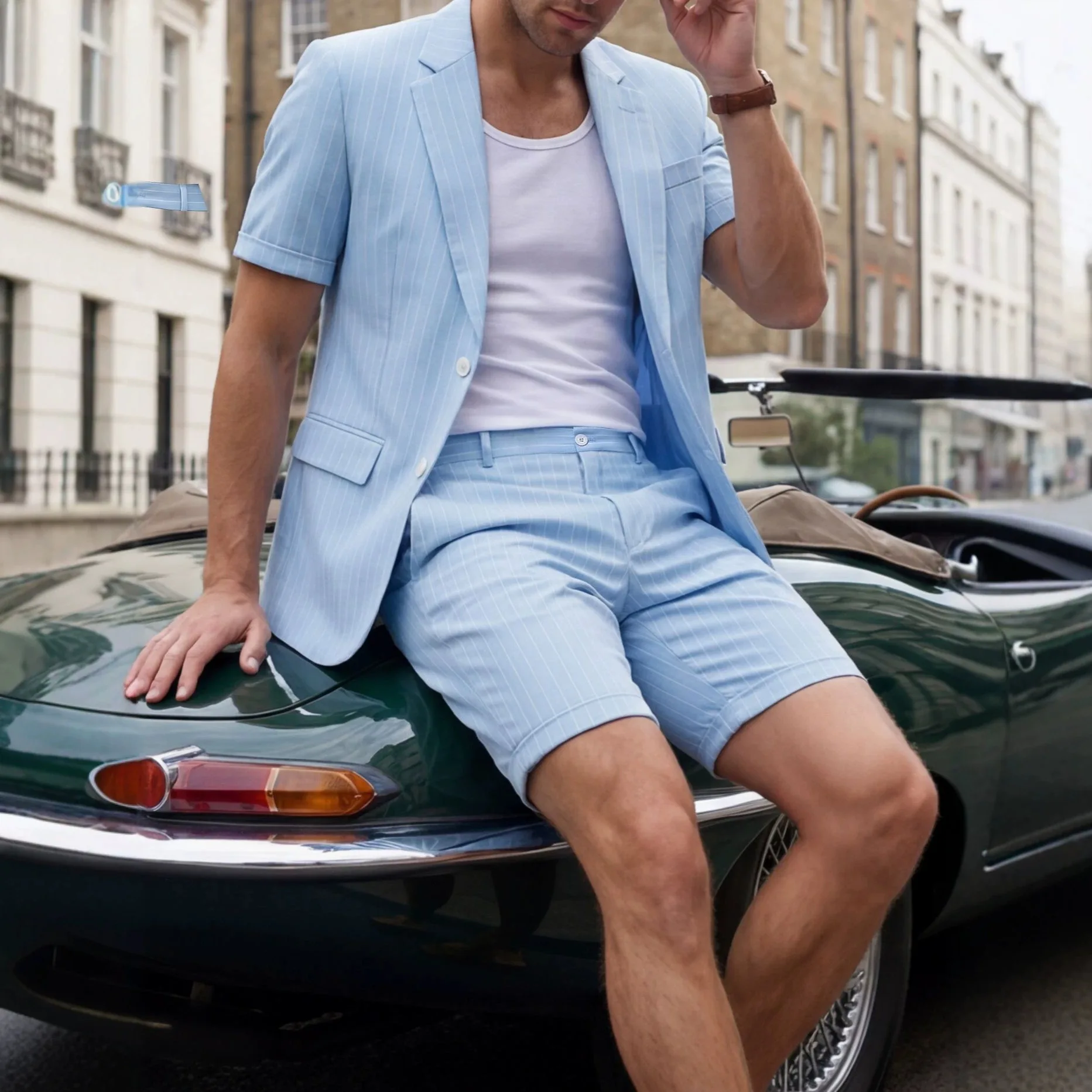 Men's Suit 2-Piece Set Summer Slim Single-Breasted Short Sleeve Blazer Male Straight Shorts Thin Plaid Business Casual Outfit
