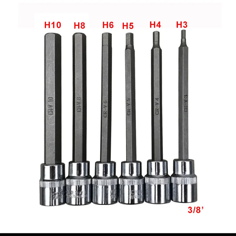 6pcs/set 110mm Length 3/8 Square Drive Socket Adapter Hex Head Screwdriver Bit Wrench Hand Tools Hexagon H3 H4 H5 H6 H8 H10