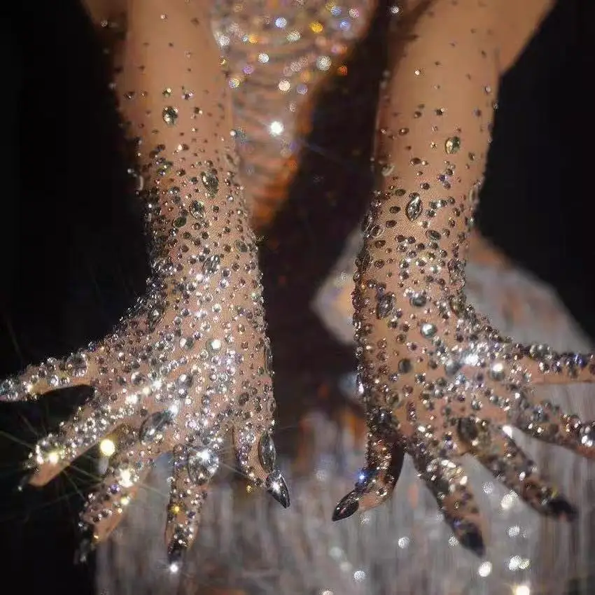 Fashion Actresses Stage Dress Gloves Super Shiny Crystal See-through Sexy Gloves for Women