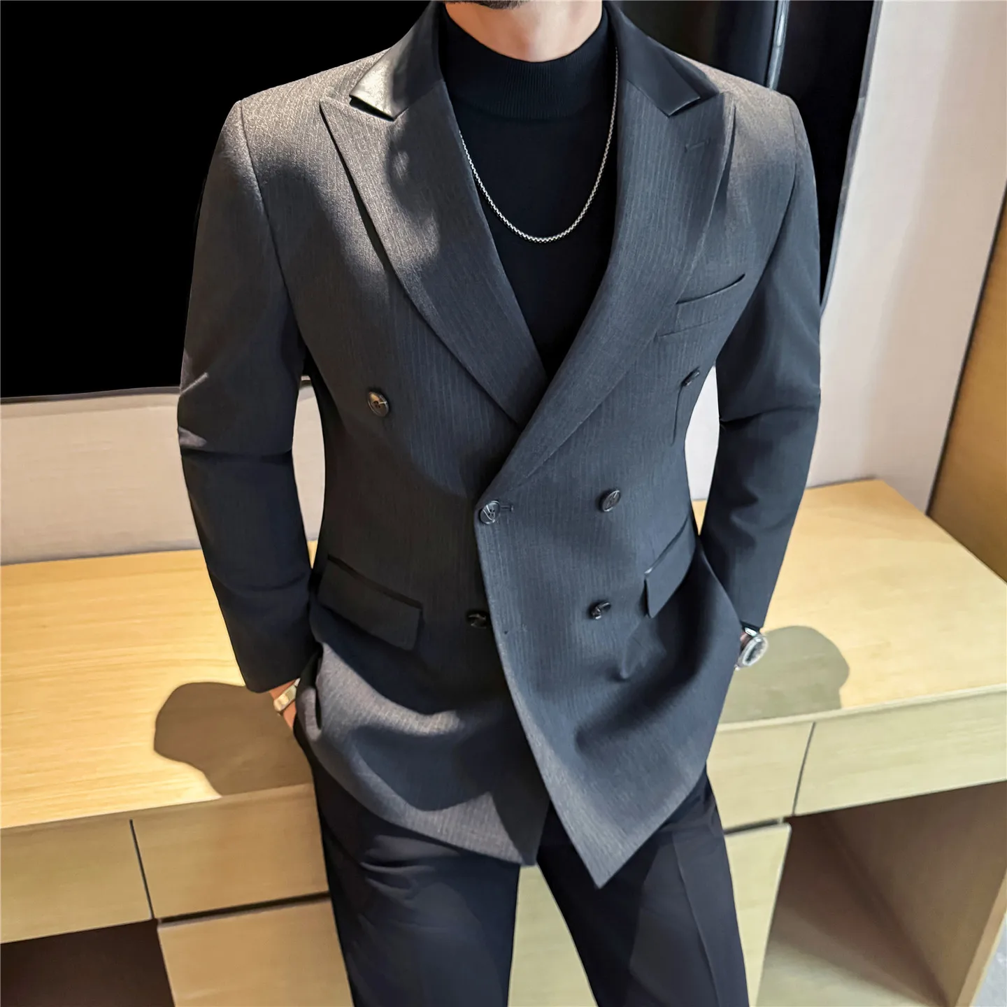 

Men's Double-Breasted Stripe Blazer, Leather-Trimmed Suit Jacket, Thick Modern Single Suit, Charcoal Gray Black Blue