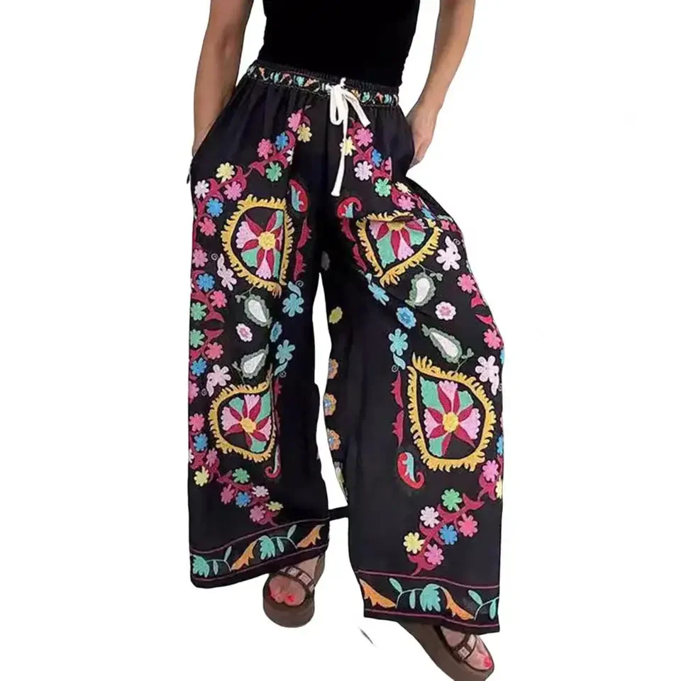 Denim Pocket Pants Exaggerated Printed Design Wide-leg Trousers Women's Elastic Waist Pants with Pockets