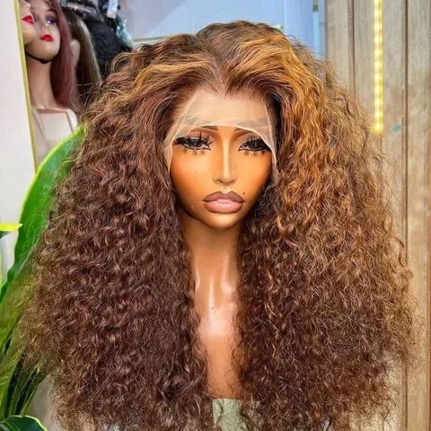 HD Transparent Highlight Wig Human Hair Honey Blonde Lace Front Wigs For Women Curly Human Hair Wig Deep Wave Lace Frontal Wig