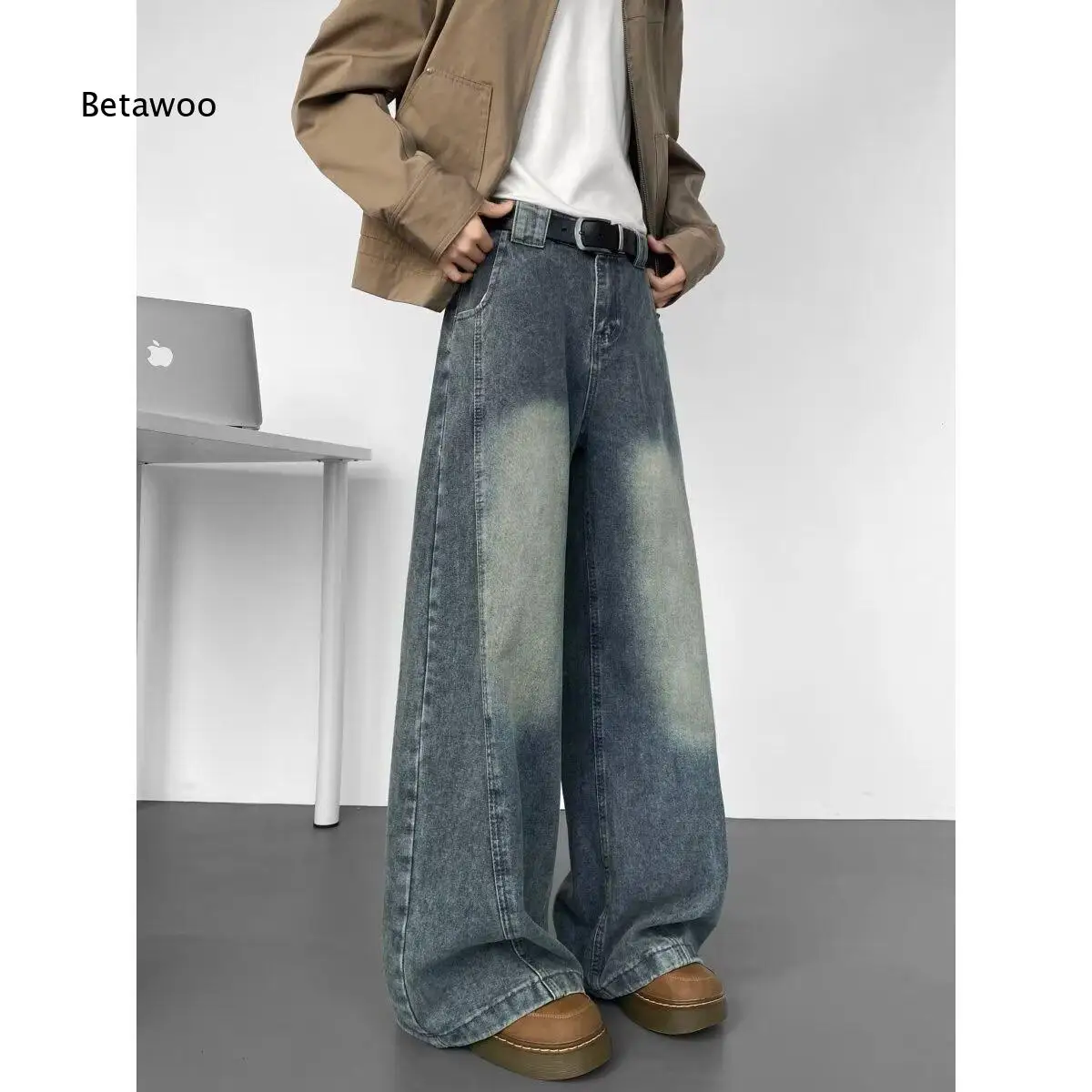 Men Vintage Gradient Washed Wide Leg Jeans Relaxed Denim Fabric Pants Classic Waist Belt Loop Structure For Multiple Scenes