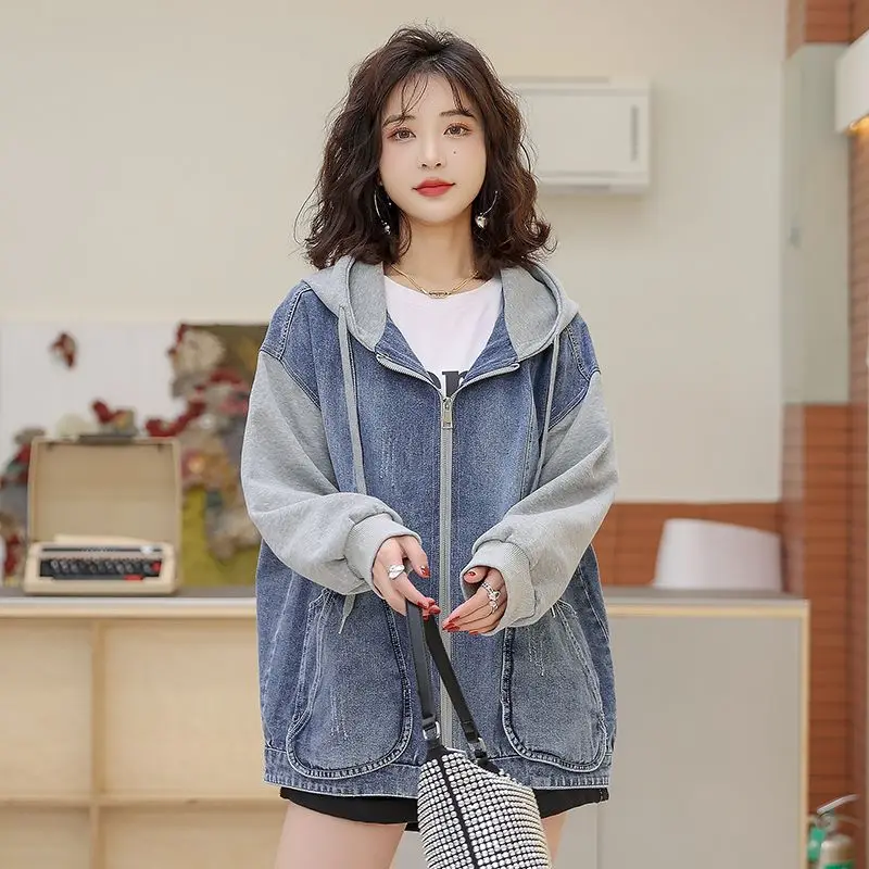 2026 Women's Vintage Denim Jacket Hooded Loose Casual Student Spring Autumn Coat