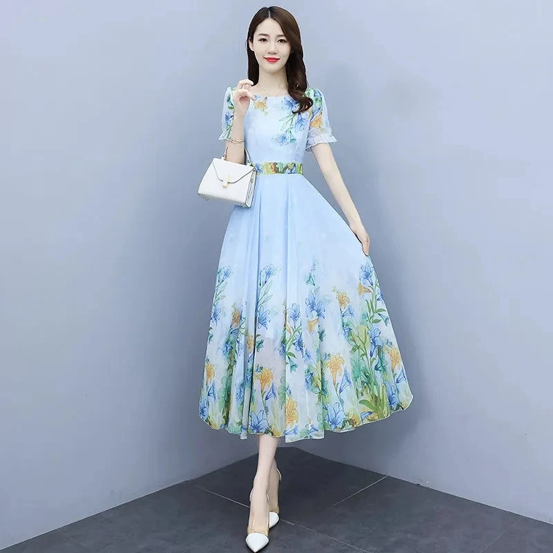 Green Big Swing Chiffon Dress Women\'s Summer Dress 2023 Fashion Long Slim Floral Dresses Print Short Sleeve A-Line Dress Elegant