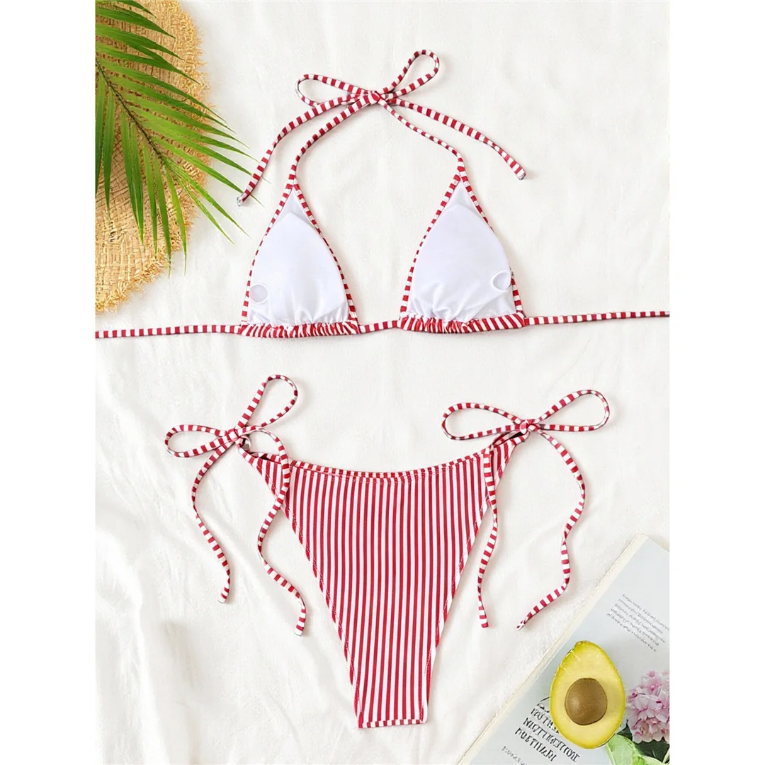 S - XL Gestreifter Neckholder-Bikini, Damen-Badeanzug, zweiteiliges Bikini-Set, hoch geschnittene Beine, Badebekleidung, Badeanzug, Schwimmbekleidung V8527 – Detail 28