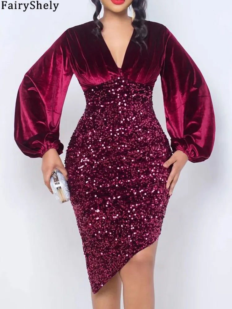 FairyShely 2025 Shiny Patchwork Plus Size Dress Women Large Long Sleeve Big Dresses Lady Spring Bodycon Party Tight Curvy Dress