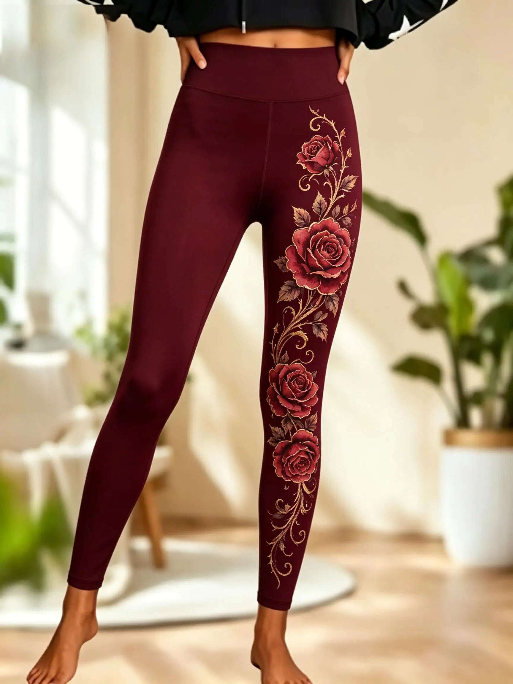 Women Fleece‑lined Mid‑rise Leggings Burgundy Vintage Golden‑trim Red Rose Floral Vine Side Print Slim Stretch Casual Pants