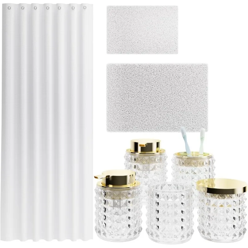 

HOME-Bathroom Set with Shower Curtain Rugs Mat Glass Soap Dispenser Accessories Decor White