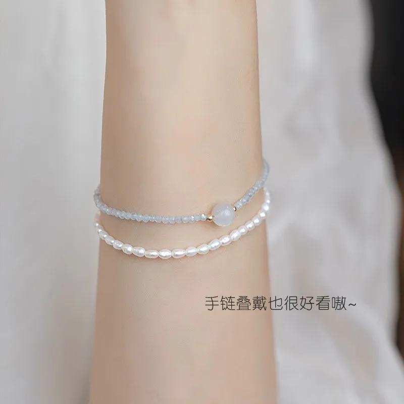 Extremely Thin Bracelet With Extension Chain Aquamarine White Moonstone Natural Crystal Light Blue Floral 2mm Width For Women