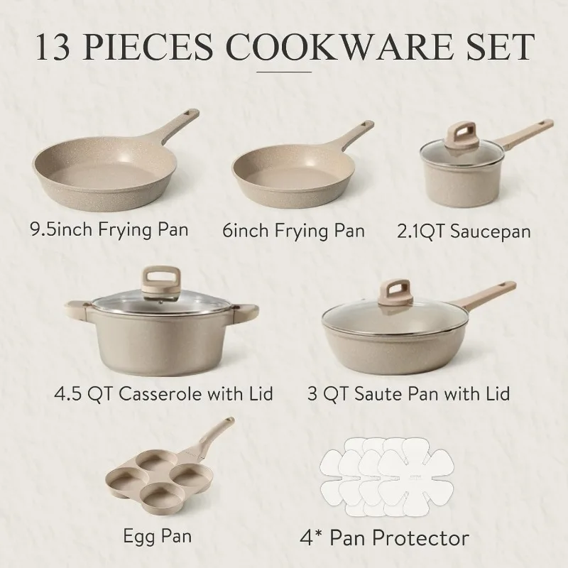 13pcs Kitchen Pots and Pans Set Non Stick, Taupe Nonstick Cookware Set, Frying pans, Kitchen Essentials, Frying pans with