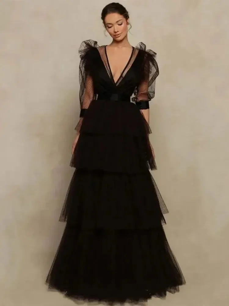 Black Tulle V-neck Prom Dress A-Line Multilayer Vestidos De Noche Puffy Sleeves Layered Prom Gowns فساتين السهرة