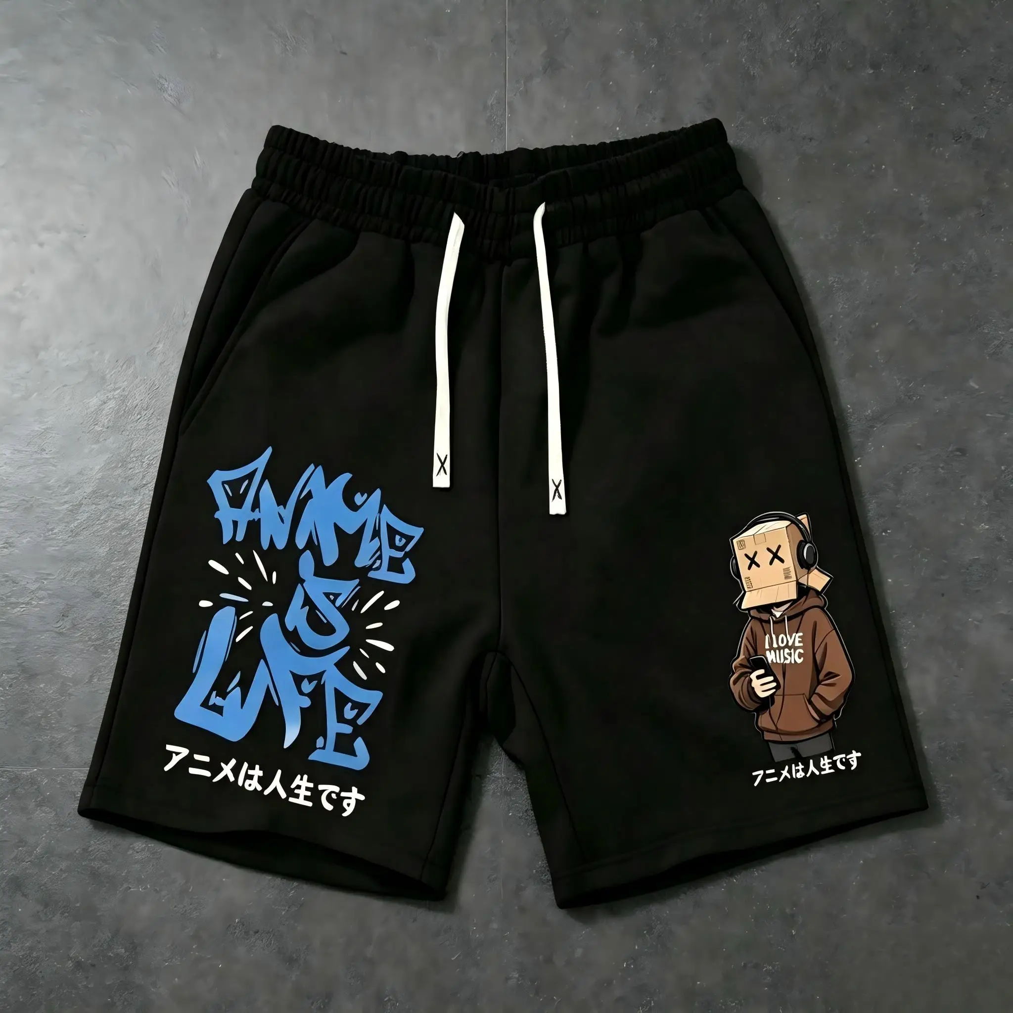 Fashionable American men's summer cardboard boxes cartoon letters soft and breathable drawstring shorts outdoor street pants